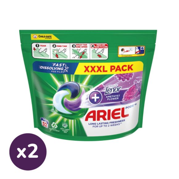 INGYENES SZÁLLÍTÁS - Ariel All-in-1 PODS Touch of Lenor Amethyst Flower mosókapszula (2x52 db)