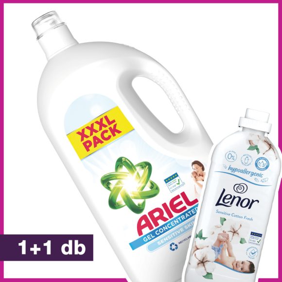 Ariel Sensitive folyékony mosógél 3,5 l + Lenor Sensitive textilöblítő 1,36 l