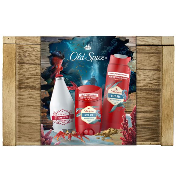 Old Spice Treasure Chest Ajándékcsomag: Deep Sea Deo Stift és Tusfürdő, Captain Arcszesz ajándék fadobozban