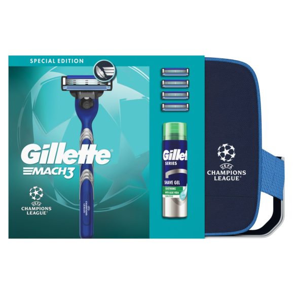 UEFA Champions League Gillette Ajándékcsomag: Mach3 Sport Borotva, Borotvazselé, 4 db Borotvabetét + ajándék kozmetikai táska