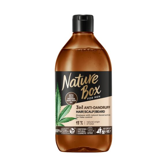 Nature Box FOR MEN 3 az 1-ben korpásodás elleni sampon hajra, fejbőrre & szakállra kendermag olajjal (385 ml)
